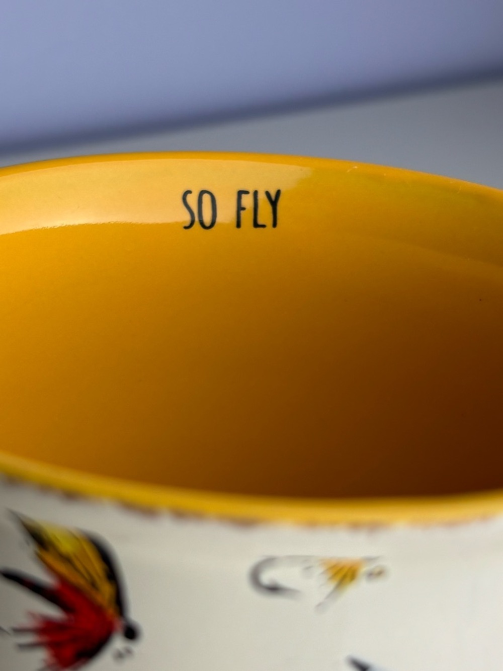 Ceramic So Fly Pattern Mug in Mustard Yellow and Cream Lip States “So Fly” - Picture 5 of 7